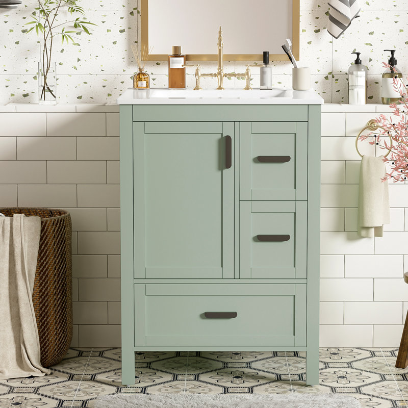 Meuble-lavabo moderne de 24 pouces avec lavabo en céramique, porte à fermeture douce, tablette de porte à double couche et 3 tiroirs