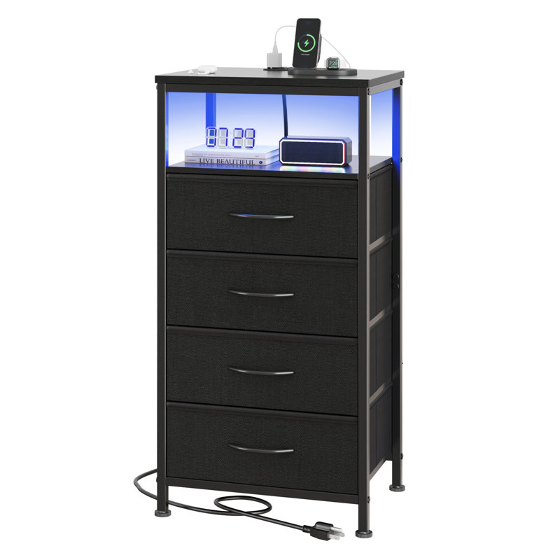 Nightstand with Charging Station, Side Table with 4 Fabric Storage Drawers, Black, 2