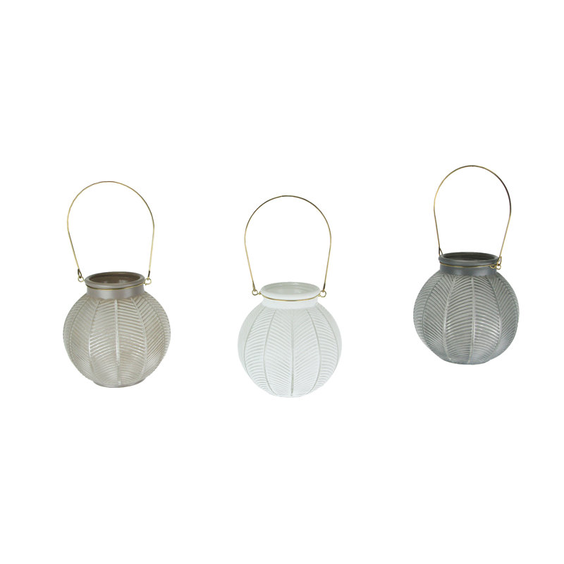 Farmhouse pink, white and gray textured glass tealight or votive candle lanterns with wire handles, set of 3 — 5.75" H x 6" dia.