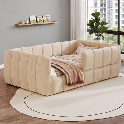 Structure de lit de jour convertible en velours rembourré pour lit de tout-petit avec garde-corps amovibles, convient aux matelas standard pour tout-petits américains, beige chaud