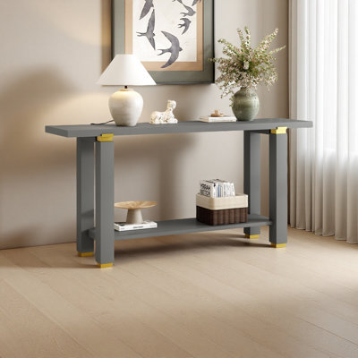 62.9" Modern Minimalist Console Table, Solid Wood Entryway Sofa Table With Metal Accents, Built-In Shelf, For Living Room, Hallway by Ivy Bronx