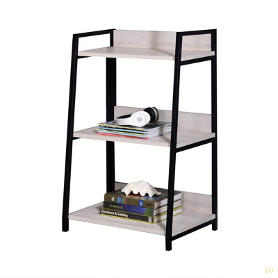 Bibliothèque rectangulaire inclinée: 3 tablettes fixes en bois, rangement ouvert, structure en métal