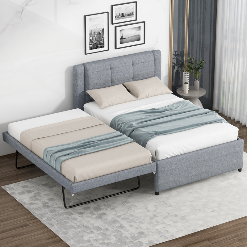 Twin Size Upholstered Platform Bed with Trundle, Trundle Can Be Flat or Raised, Space-Saving Design, Gray, Gray
