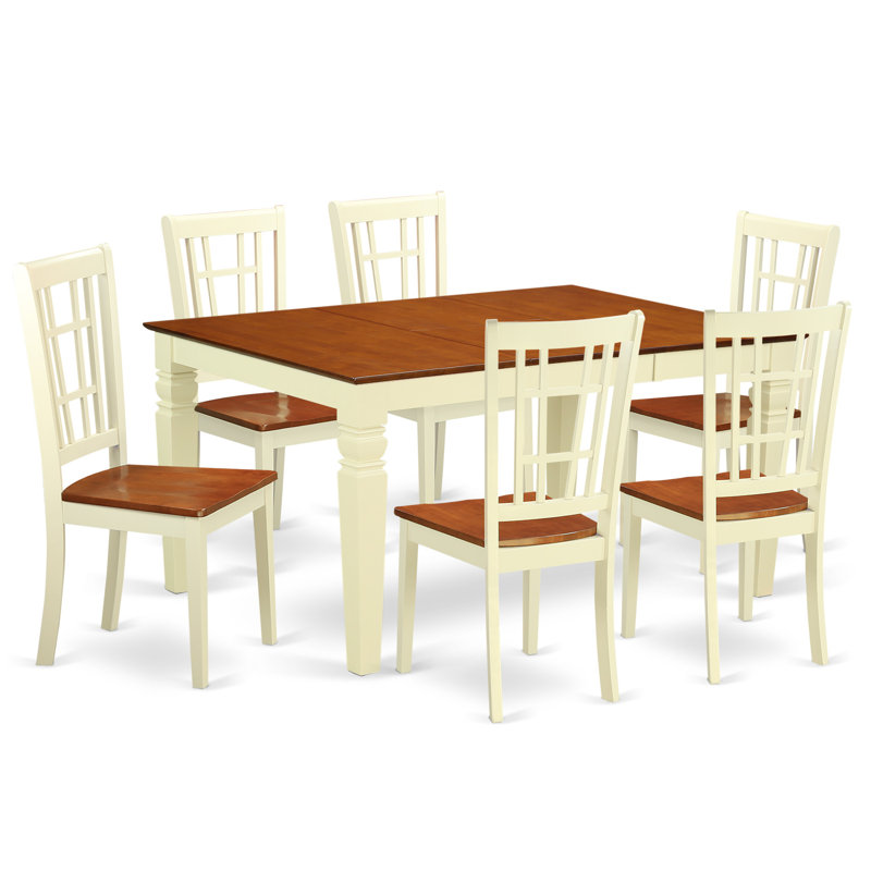 7 Piece Kitchen Table & Chairs Set Consist of a Rectangle Dining Room Table with Butterfly Leaf and 6 Dining Chairs, Buttermilk & Cherry
