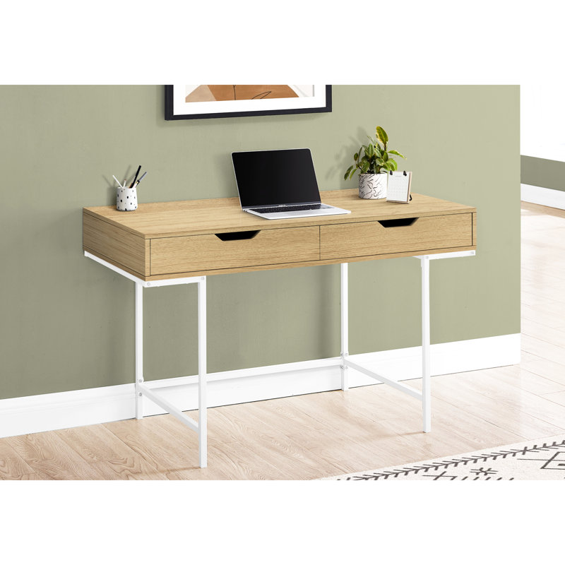 Bureau d'ordinateur pour le travail de bureau, l 48 po, stratifié naturel, structure en métal blanc, 2 tiroirs pour une surface efficace de 48 po avec surface stratifiée, compartiment pour ordinateur portable, tiroirs, base