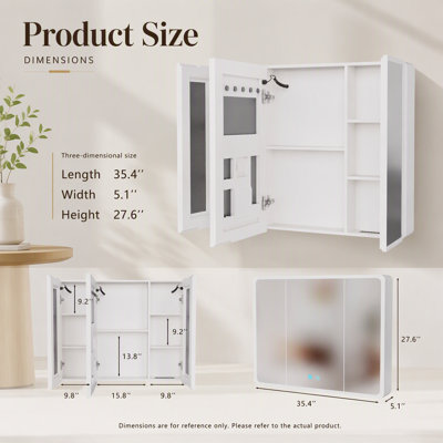 Armoire à pharmacie DEL pour salle de bain avec système antibuée, conception en aluminium et plastique facile à installer, lumière blanche monochrome et grand espace de rangement