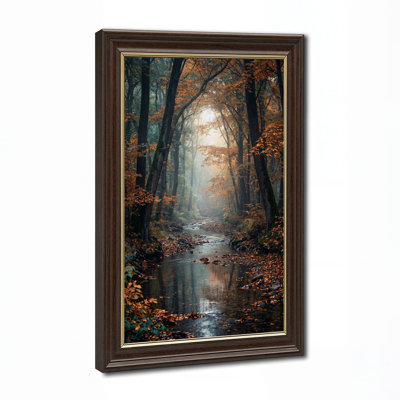 Tableau sur toile représentant un ruisseau brumeux en forêt d'automne avec des feuilles orange