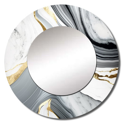 Stajka Abstract Geode Marble Waves Grey II - Abstract Wall Mirror, Gray Round Decorative Mirror, Printed Metal Art