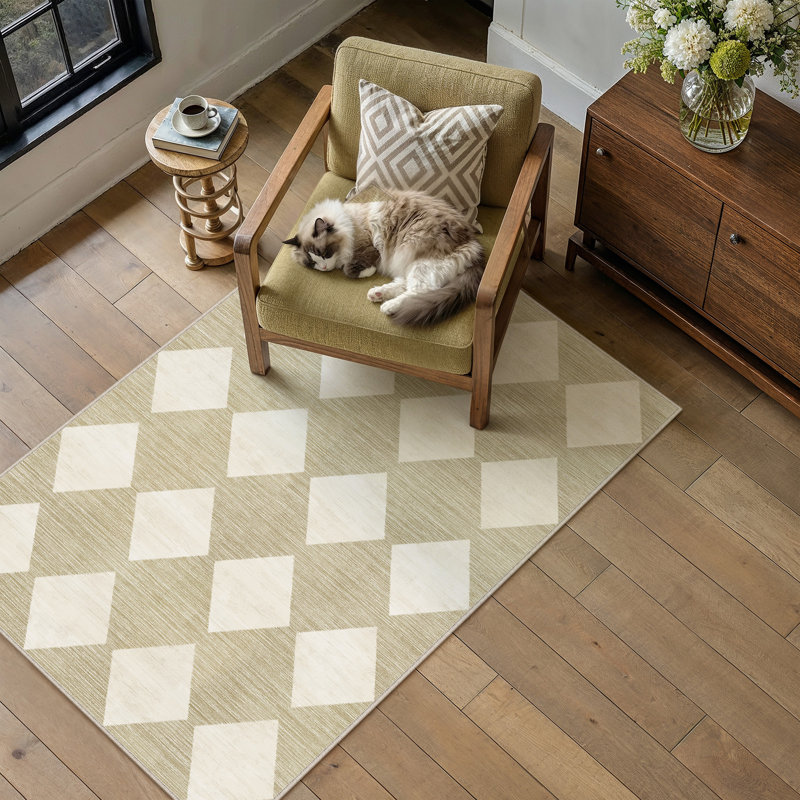 Tapis beige à motif géométrique moderne avec envers antidérapant Miles, Rectangle 3' x 5'