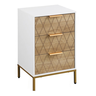 Nightstand With 3 Drawers, Mid-Century Modern End Table,Gold Metalfeet, Gold Metal Handles , Drawer Panels Are Shaped By Cutting Lines,End Table For Bedroom