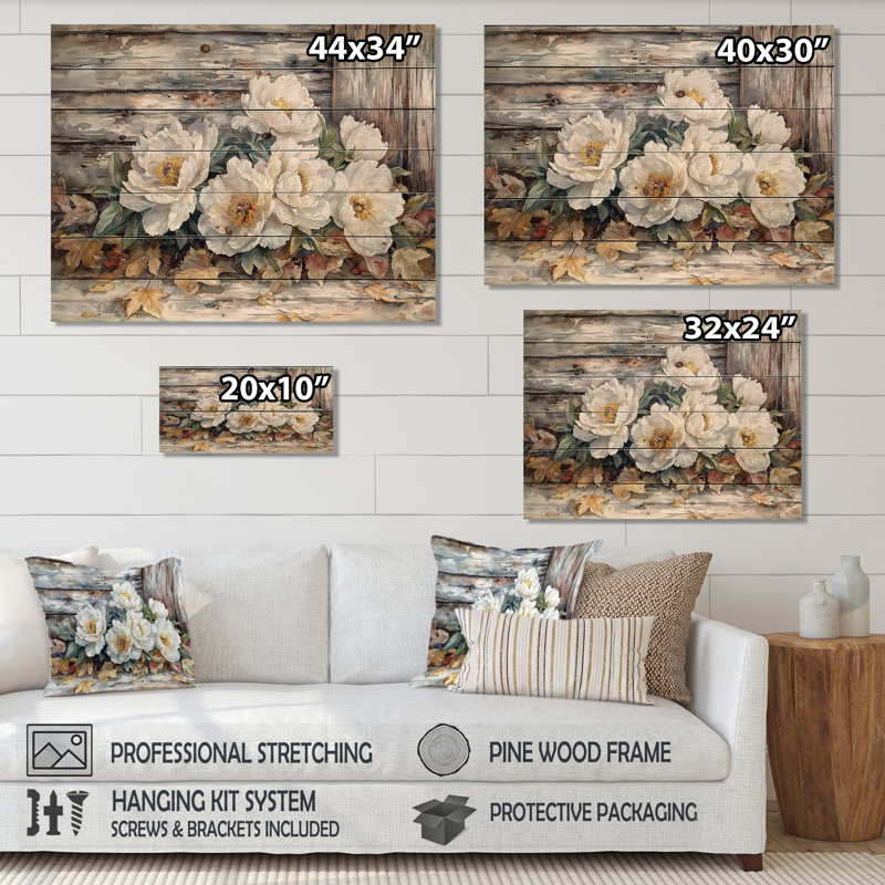 Pivoines près de la grange d'automne - Décoration murale en bois de pivoines - sur bois de pin naturel