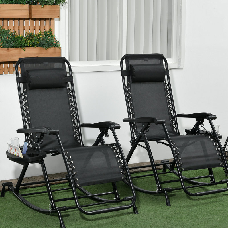 Chaises longues berçantes 2 pièces, inclinable zéro gravité avec oreiller, porte-gobelet et téléphone, structure en acier noir et solide, idéale pour les chaises longues à l'extérieur, support inclinable pliable. Noir