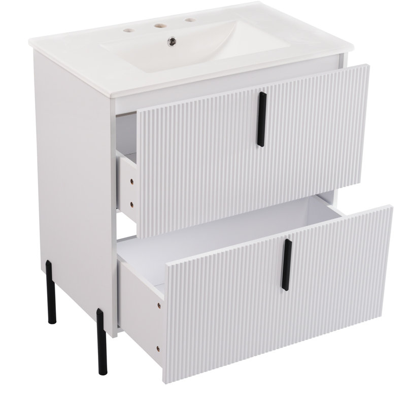 Meuble-lavabo de 30 po avec lavabo en céramique, conception cannelée pour impact visuel, glissières de tiroir à fermeture en douceur, tiroirs d'extension, 5,8 po, pieds 8,27 po, blanc, solution de rangement fonctionnelle