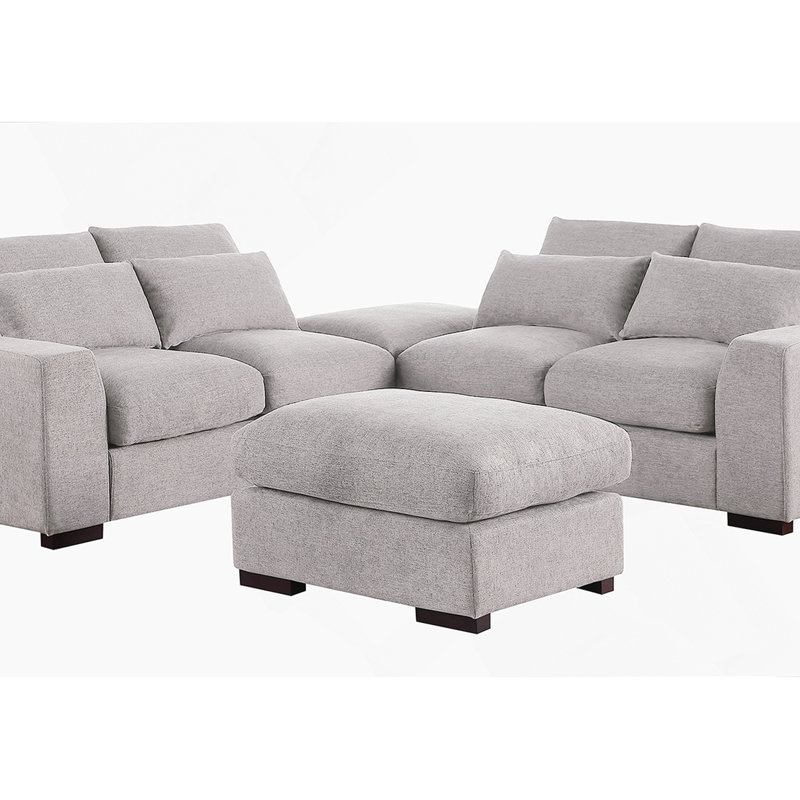Canapé modulaire en lin avec 2 repose-pieds, Lin gris pâle