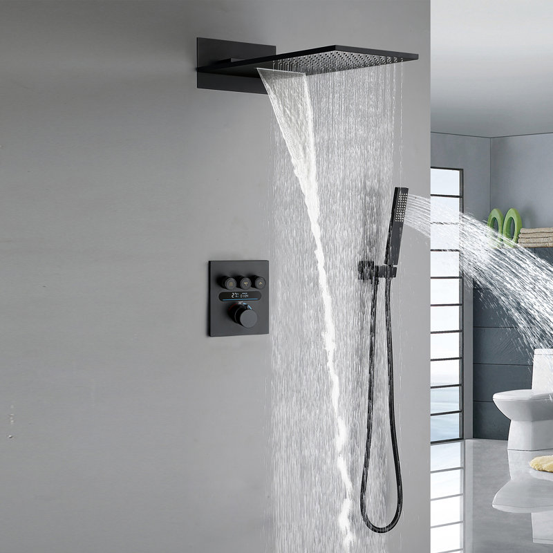 LCD Digital Shower System with 21” Rainfall Shower and Head Handheld Spray, Temperature Display, Matte Black