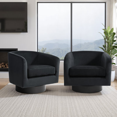 Everett Applewold Upholstered Black Velvet Swivel Barrel Chair with Solid Wood Base
