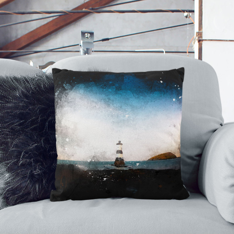 Lighthouse and Seascape at Dusk Paint Splash Cushion with Filling, 40cm H x 40cm W x 15cm D, White
