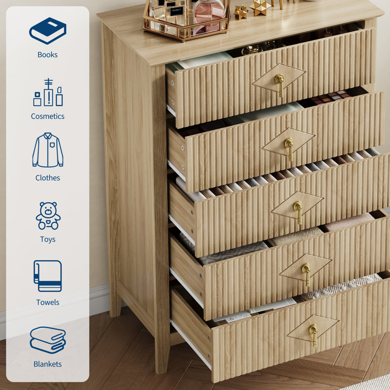 Fluted 5 Drawers Dresser, 42.9" Tall Chest of Drawers with Metal Handle, Yellow