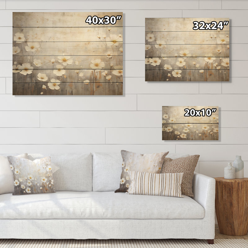 Élégant beige et gris Buttercups Meadow I - Art mural en bois sur bois de pin naturel, H 10 po x l 20 po