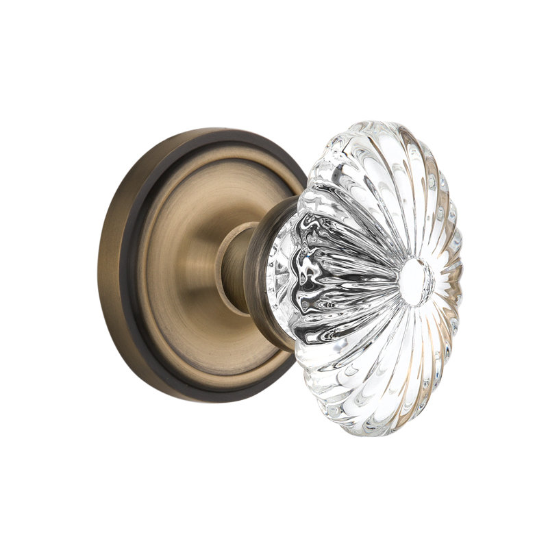 Crystal Fluted Oval Interior Mortise Door Knob with Classic Rosette, Antique Brass