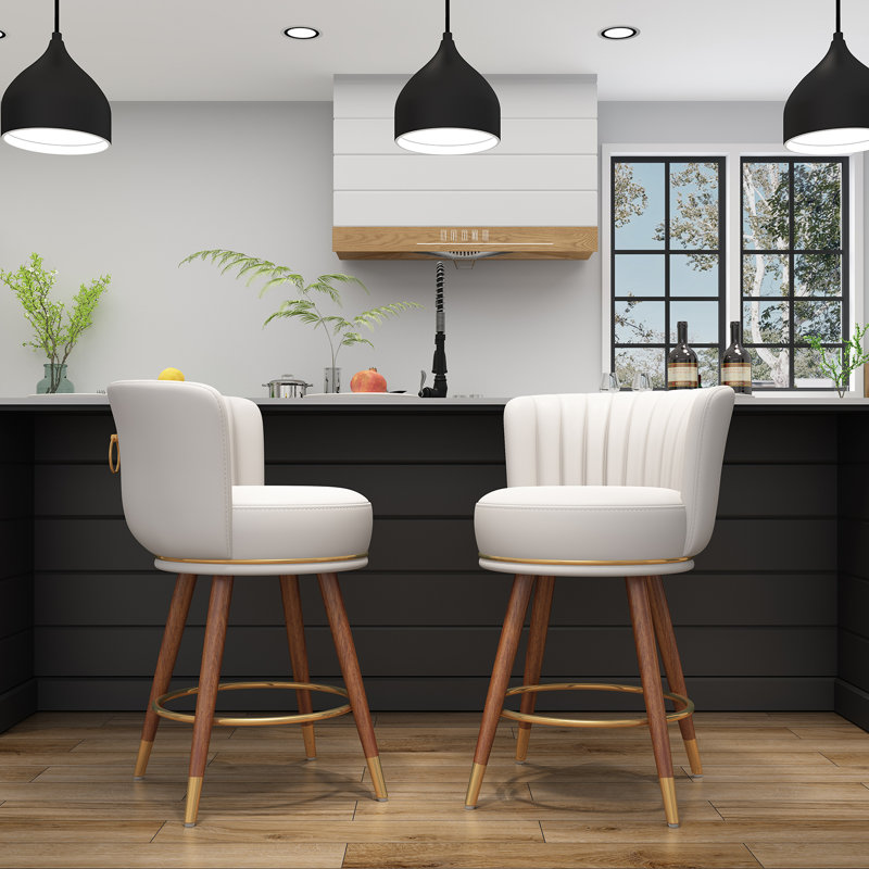  Anneli 26'' Swivel Counter Height Bar Stools Set of 2, White Counter Stools with Backs and Wood Legs for Kitchen Island, 2