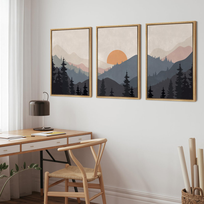 Sun Mountain Landscape "Tranquil Orange Sunset Layered Hills Artwork, Modern Abstract Cabin Wall Pictures, Framed Canvas Giclée Print 3 Pieces Wall Art" 16"x24"x3 pcs, 24"x36"x3 pcs