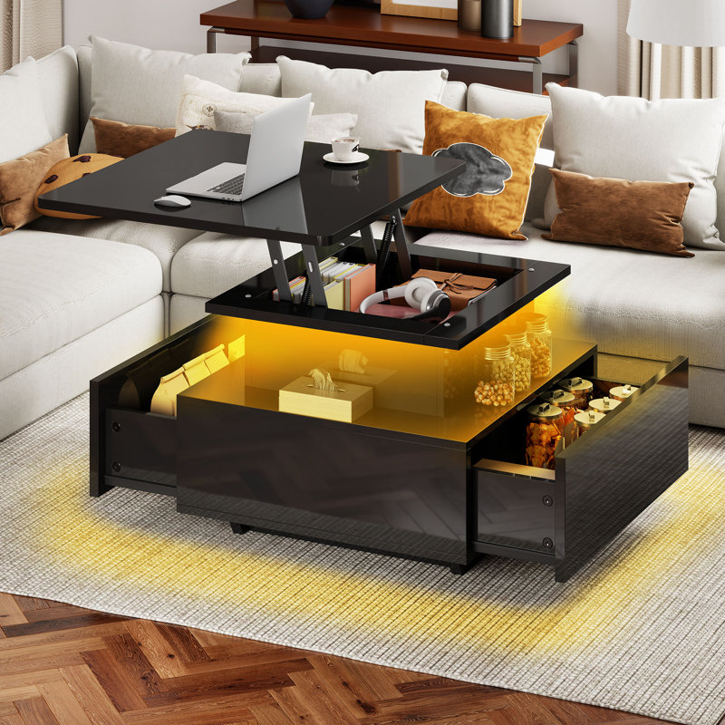 Lift Top Block Coffee Table with Storage, Black