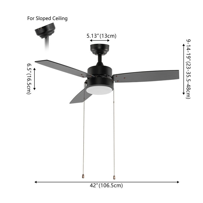 Arevik 42" 1-Light Modern 3-Speed Iron Height Adjustable Integrated LED Ceiling Fan with Pull Chains