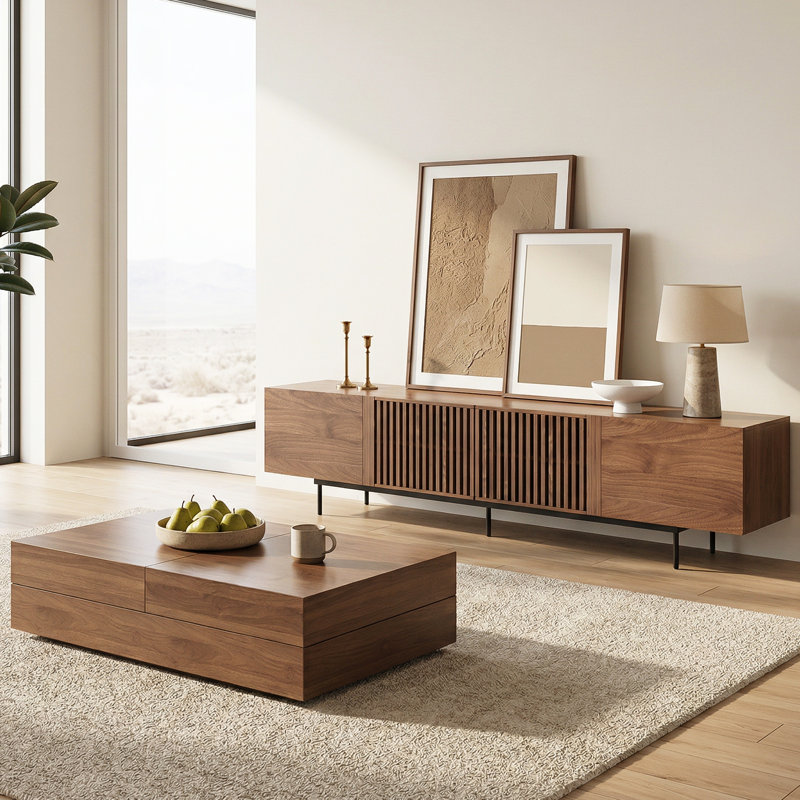 Ahijah Medieval TV Cabinet and Coffee Table 2-Piece Living Room Set, 94.48" Walnut Color