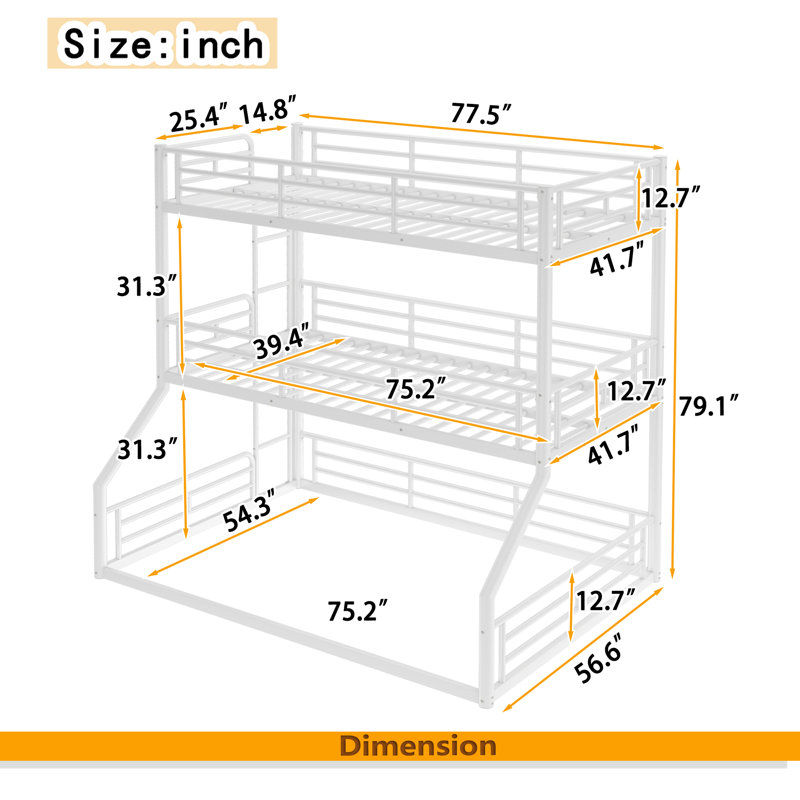 Twin Over Twin Over Full Bunk Bed, Metal Triple Bunk Bed With Safety Guardrails, Heavy-Duty Bunk Bed With Noise-Reduced Design