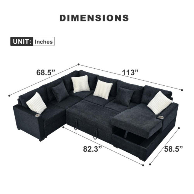 Canapé-lit de style moderne en U gris foncé de 113 po avec revêtement en chenille Cahir