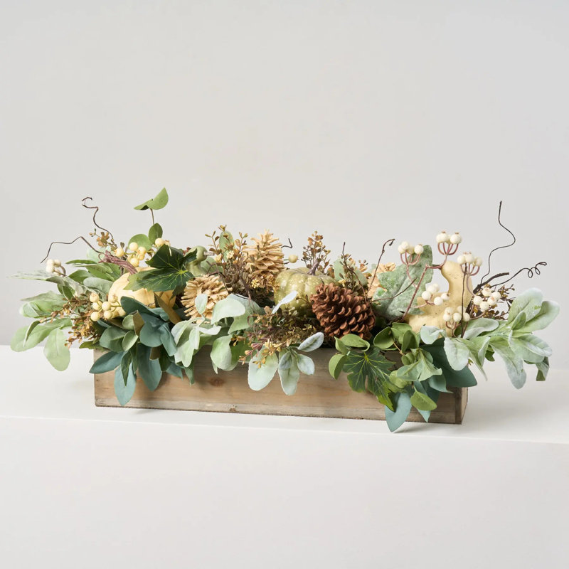 Cream Pumpkin, Eucalyptus & Pinecone, Lamb's Ear Fall Harvest Centerpiece Arrangement in Wood Planter
