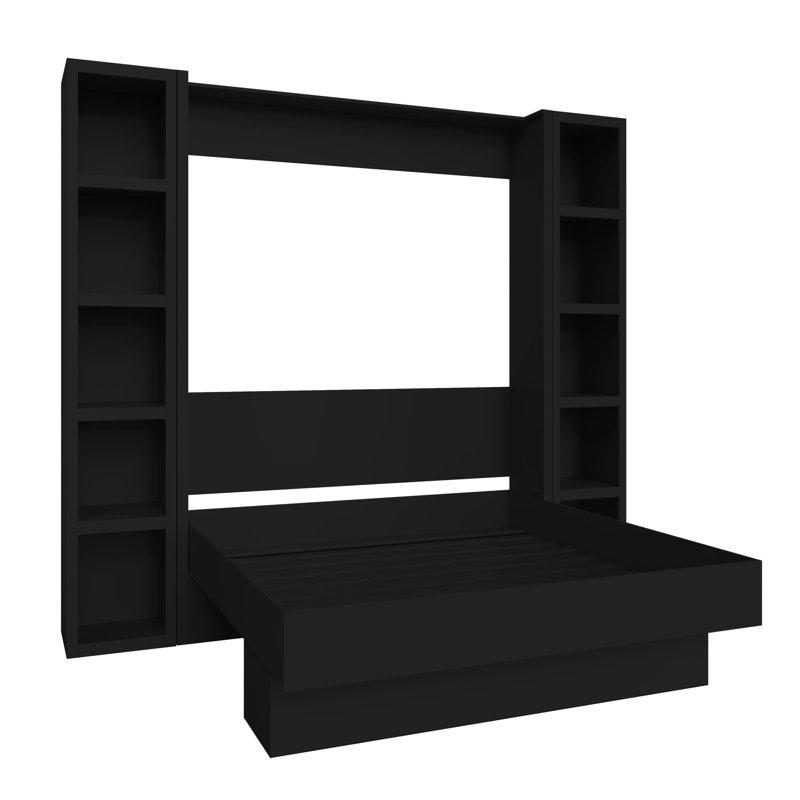 Easy-Lift Murphy Wall Bed in Wood Grain with Two Bookshelves, Black, King