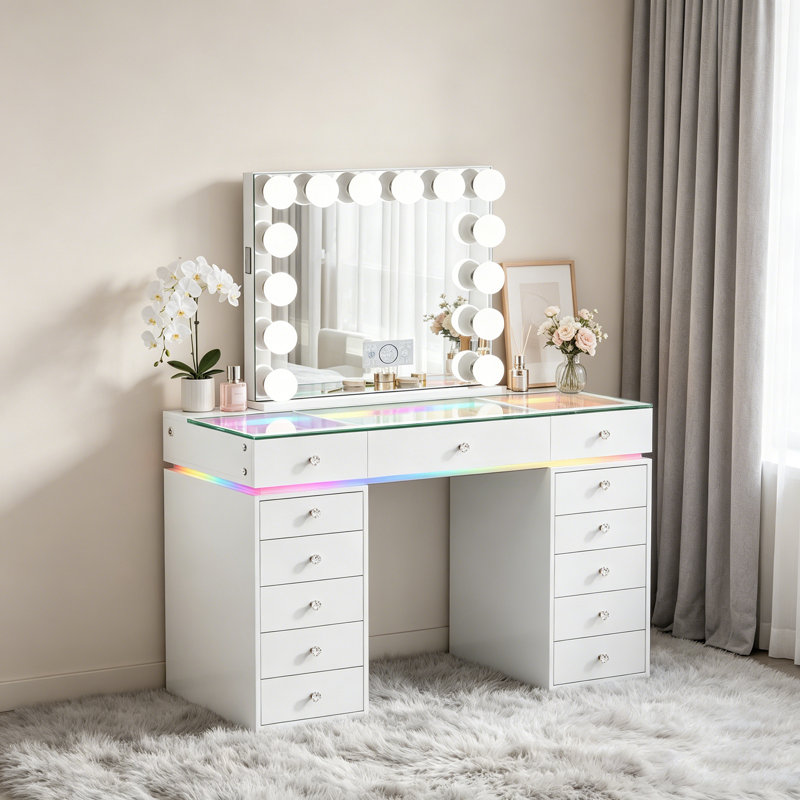 Vanity Set with High-Definition Glass Top, LED Mirror, Power Outlet, 13 Drawers & Crystal Knobs, White