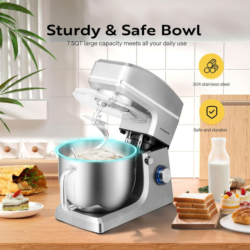 Vivohome 6 Speed 7.5 Qt. Stand Mixer with Mixer Accessory, Light Grey