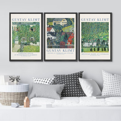 Gustav Klimt Green Garden Forester's Houses Modern Pictures Framed Canvas Print 3 Pieces Wall Art