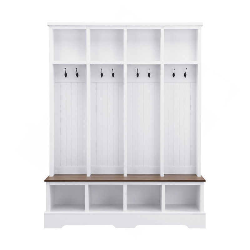Farmhouse 59"W Wide Hall Tree With 8 Hooks, Practical Entryway Bench With Open Compartments, 76.7"H Modern 3-In-1 Wooden Style Coat And Shoe Rack For Mudroom, Living Room, White