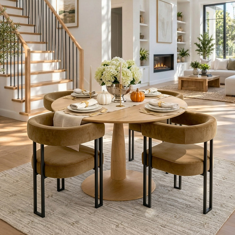 Ensemble de table à manger pour 4 personnes avec table ronde et 4 fauteuils en velours rembourrés, Camel