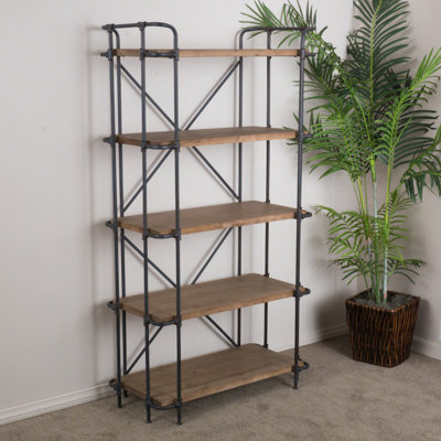 Industrial 5-Tier Etagere Bookcase with Solid Fir Wood Shelves and Blue Black Metal Pipe Frame, Open Storage Bookshelf for Living Room and Office