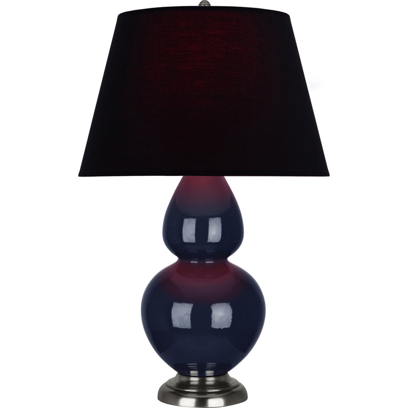 Lampe de table double gourde en céramique, Bleu minuit émaillé / argent antique, Noir / Rouge, Argent argent