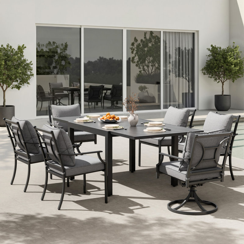 Ensemble repas pour 6 personnes avec table extensible - Comprend 4 fauteuils fixes et 2 fauteuils pivotants