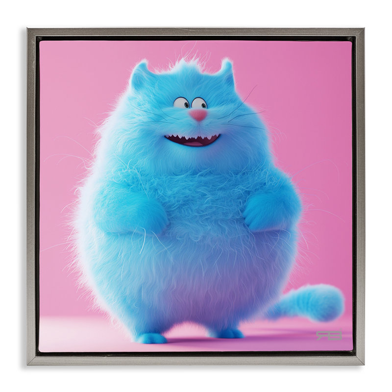 Drôle de chat bleu avec toile flottante encadrée brune par RB, Gris, H 25 po x l 25 po