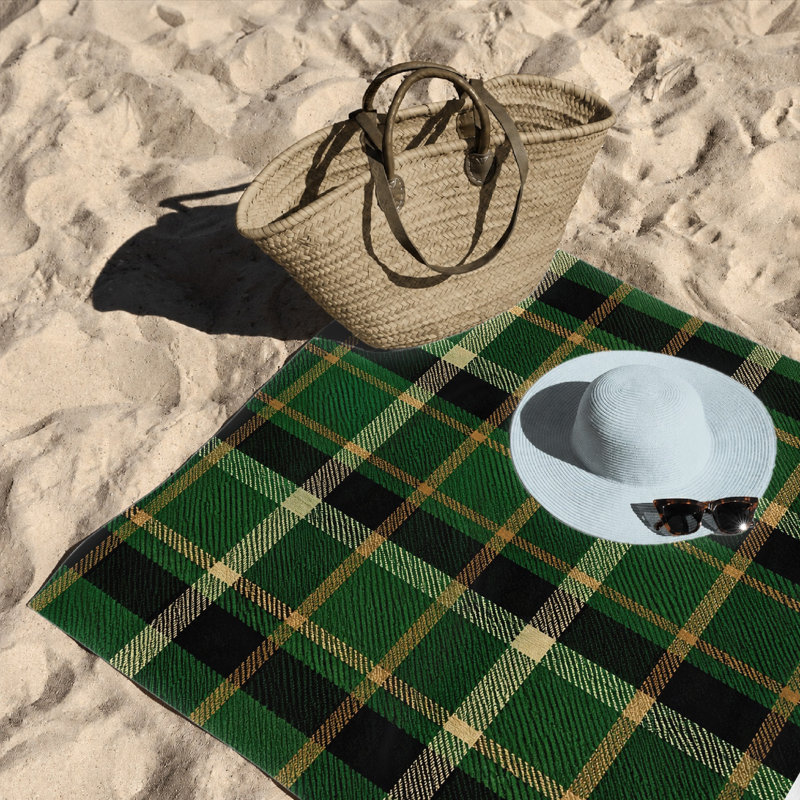 1Pcs Plaid Beach Towel, Featuring Classic Green and Black Checkered Pattern with Tan Accents. Large Microfiber for, Pool, Travel, Unisex.