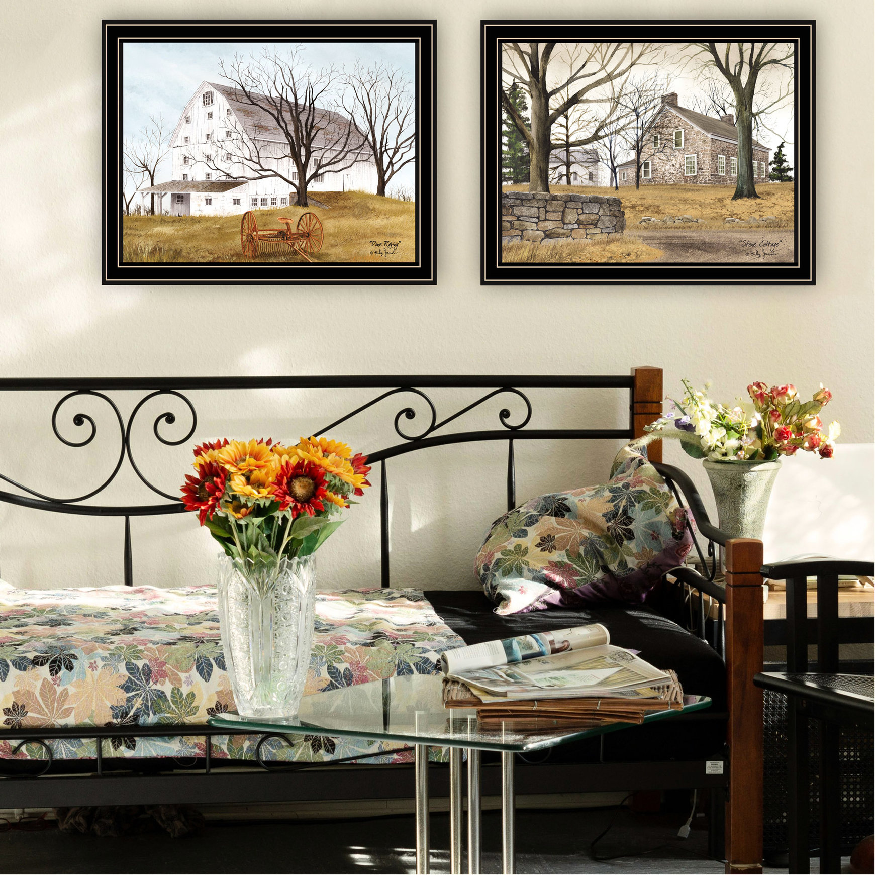 August Grove® 2 Wall Art Appeal: Stone Cottage & White Wooden Barn With ...