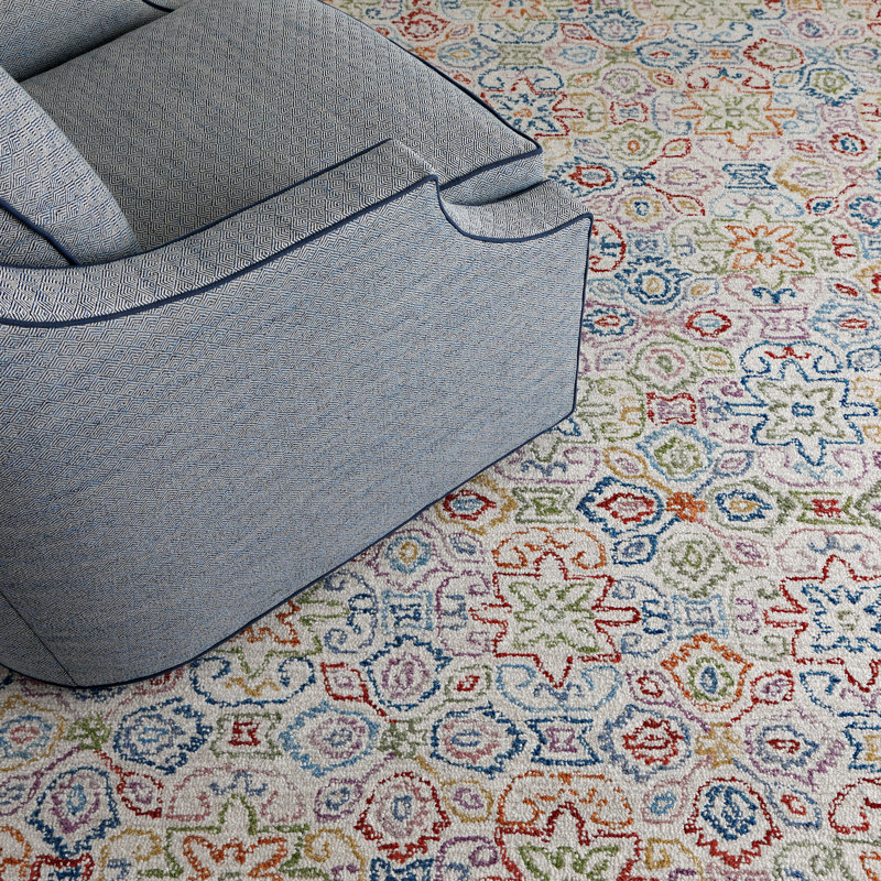 Cross Stitch Floral Hand Tufted Wool Area Rug in Cream/Blue/Red, Rectangle 2' x 3'
