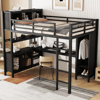 Lit mezzanine double en métal avec garde-robe et bureau en L