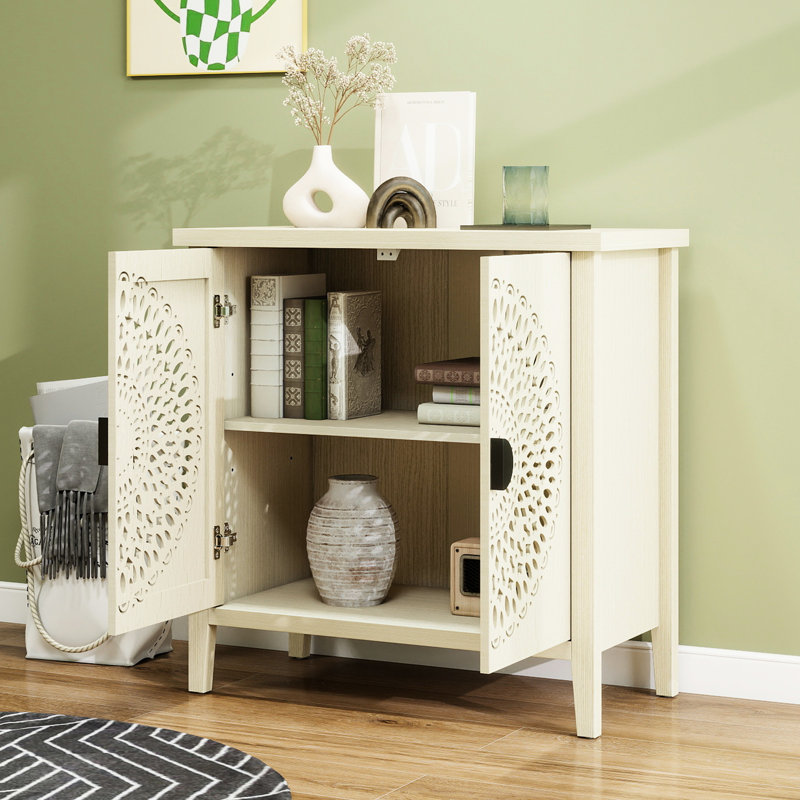 Armoire de rangement à 2 portes, motif creux, étagères réglables, zones multiples, rangement de grande capacité, basculement dans le salon, sculpture exquise, tablette, poignée confortable, clou à pattes
