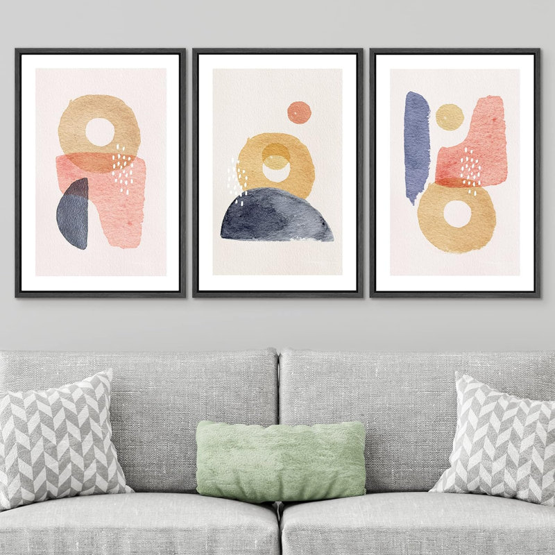 Mid-Century Shape Mid-Century Pastel Polygons, reproduction sur toile 3 pièces, Noir, H 36 po x l 72 po x P 1,5 po