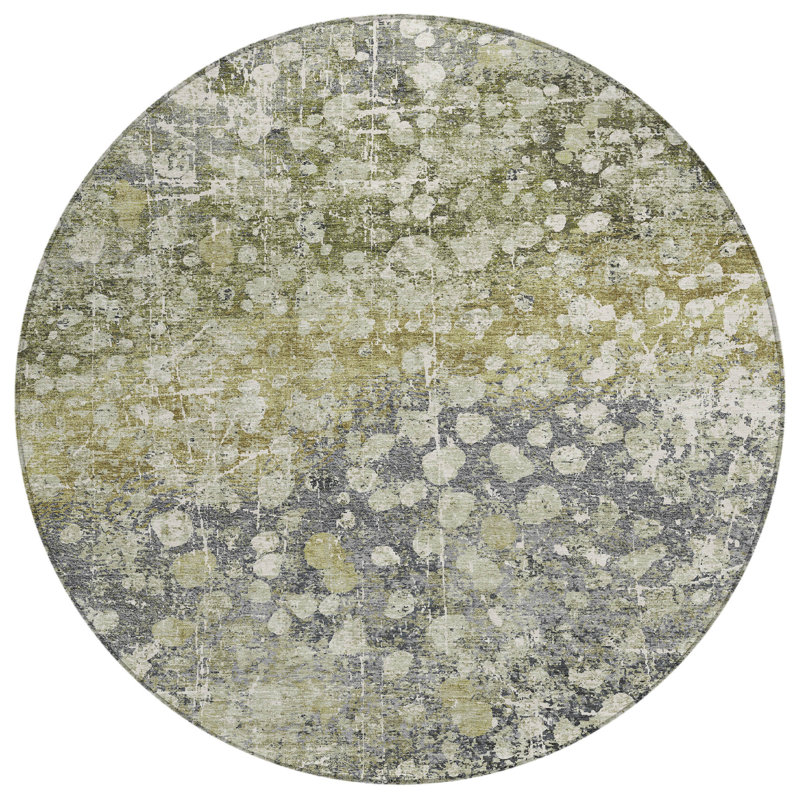 Tapis extérieur rond lavable abstrait vert olive et gris 8 pi