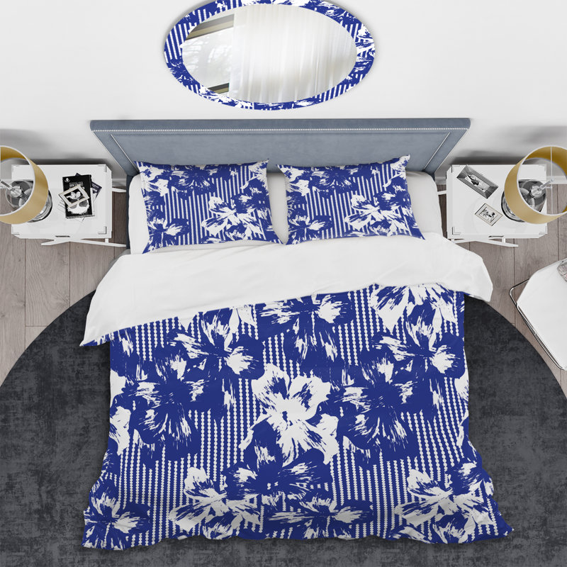 Rayures bleues et blanches à motif floral - Ensemble de housse de couette abstrait - Microfibre de polyester